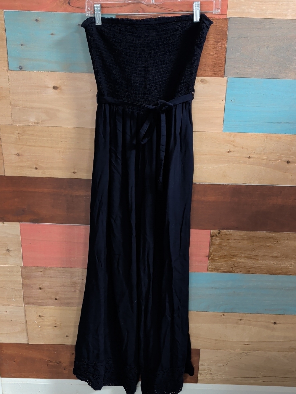 Strapless Black Smocked-Waist Jumpsuit